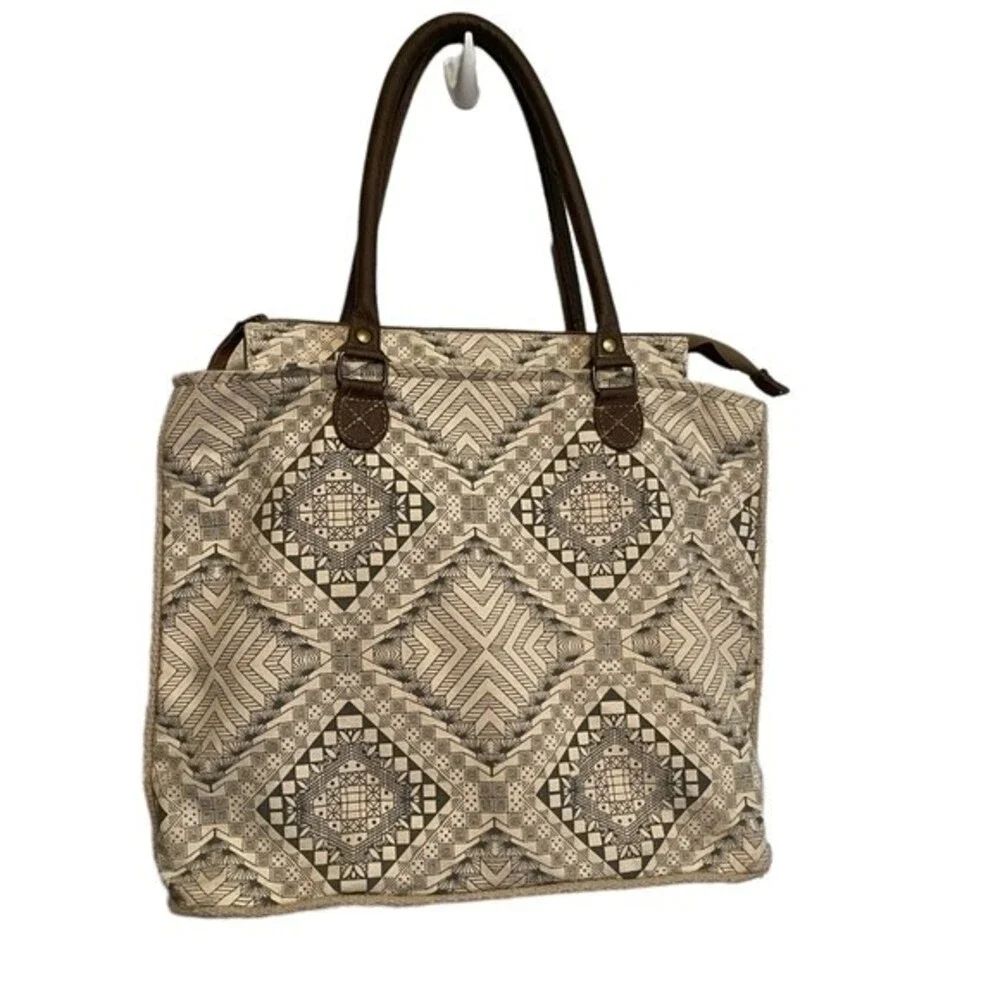 MYRA BAG S-0845 ARTISAN TOTE CANVAS TOTE LEATHER HANDLE TOTE